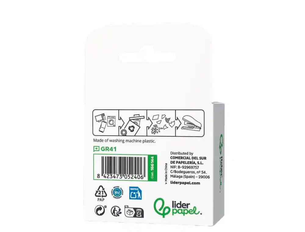 Grapadora liderpapel ecouse mini capacidad 12 hojas 100% plastico reciclado con caja de 1000 grapas 26/6