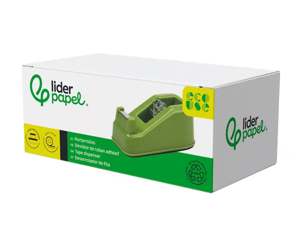 Portarrollo sobremesa liderpapel ecouse 100% plastico reciclado para cinta de 33 mt color verde