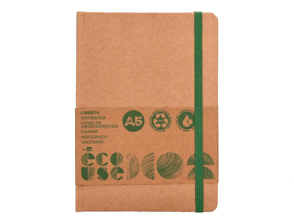 Libreta liderpapel ecouse 100% reciclada a5 96 hojas 70gr horizontal con gomilla y marca paginas