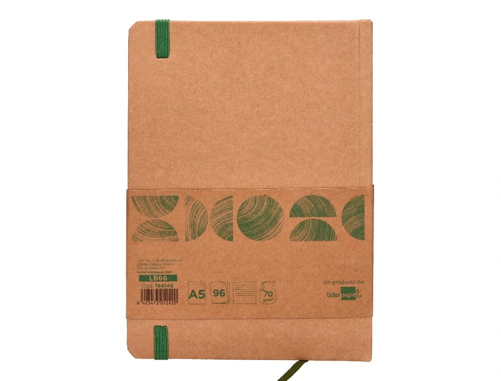 Libreta liderpapel ecouse 100% reciclada a5 96 hojas 70gr horizontal con gomilla y marca paginas