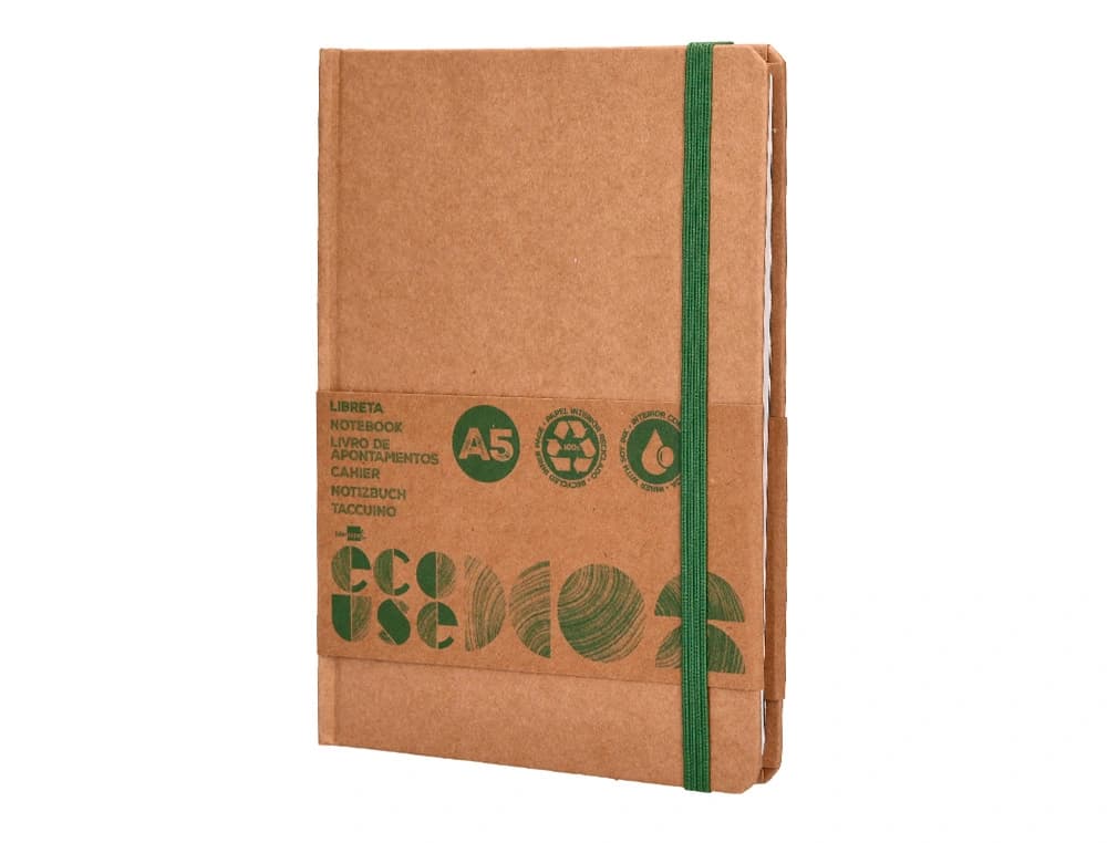 Libreta liderpapel ecouse 100% reciclada a5 96 hojas 70gr horizontal con gomilla y marca paginas