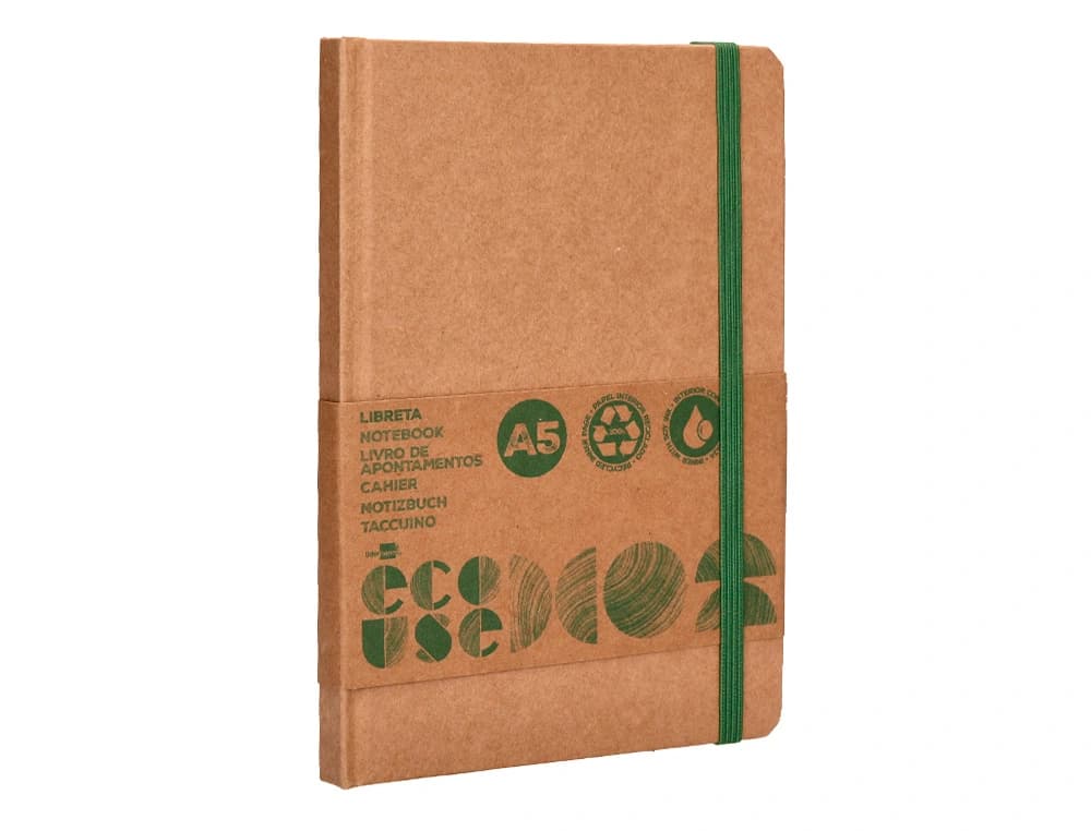 Libreta liderpapel ecouse 100% reciclada a5 96 hojas 70gr horizontal con gomilla y marca paginas