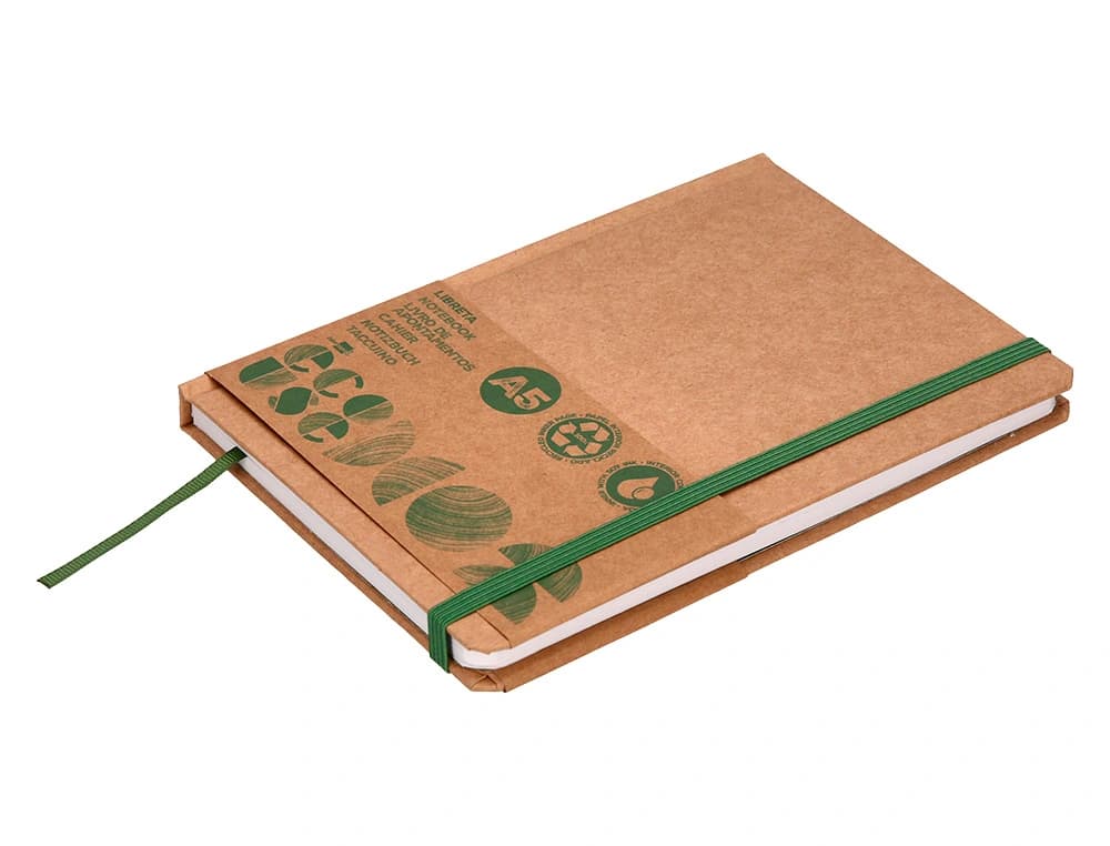 Libreta liderpapel ecouse 100% reciclada a5 96 hojas 70gr horizontal con gomilla y marca paginas