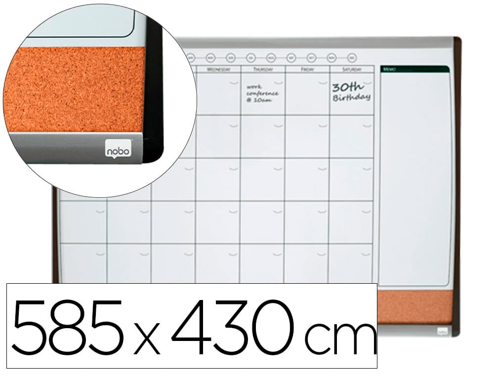 Nobo Planificador mensual Nobo magnético + tablero corcho horizontal con marco arqueado plata y negro 585x430 mm