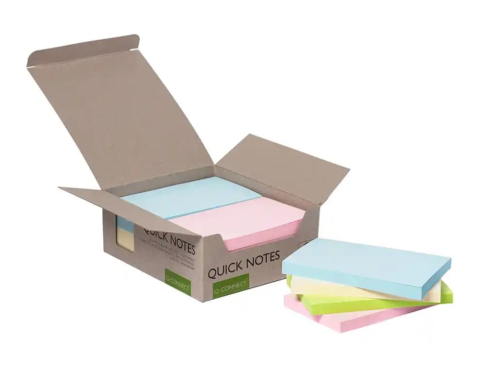 Bloc de notas adhesivas quita y pon q-connect 76x127 mm 100% papel reciclado colores pasteles en caja de carton