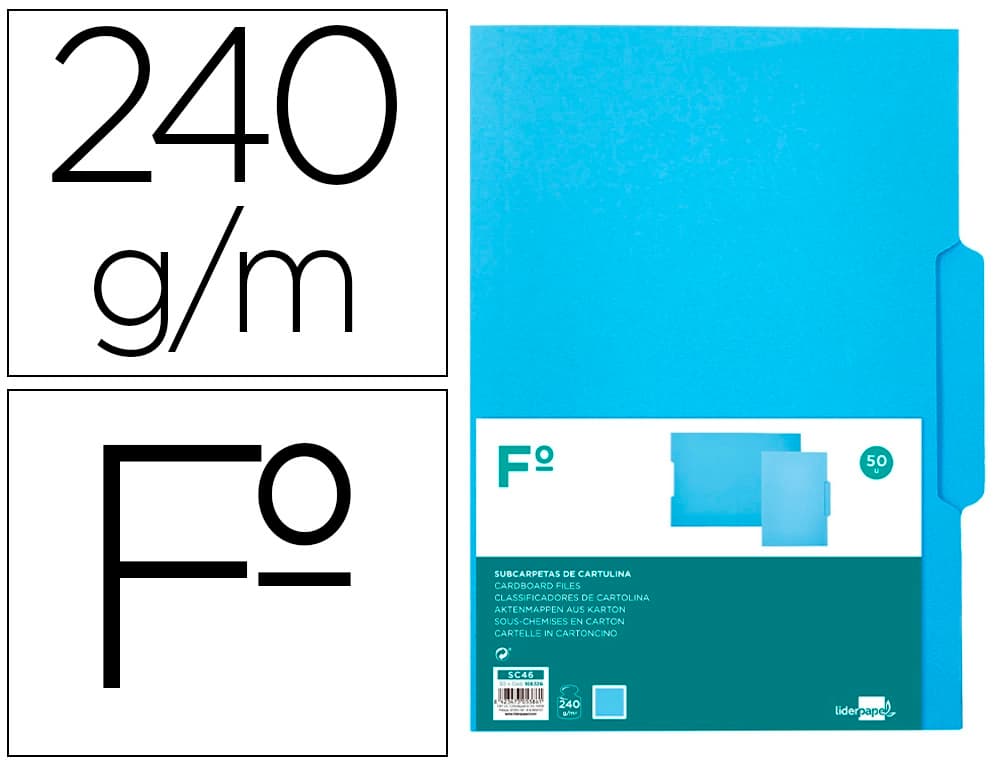 Liderpapel Subcarpeta cartulina liderpapel folio pestaña central 240g/m2 azul