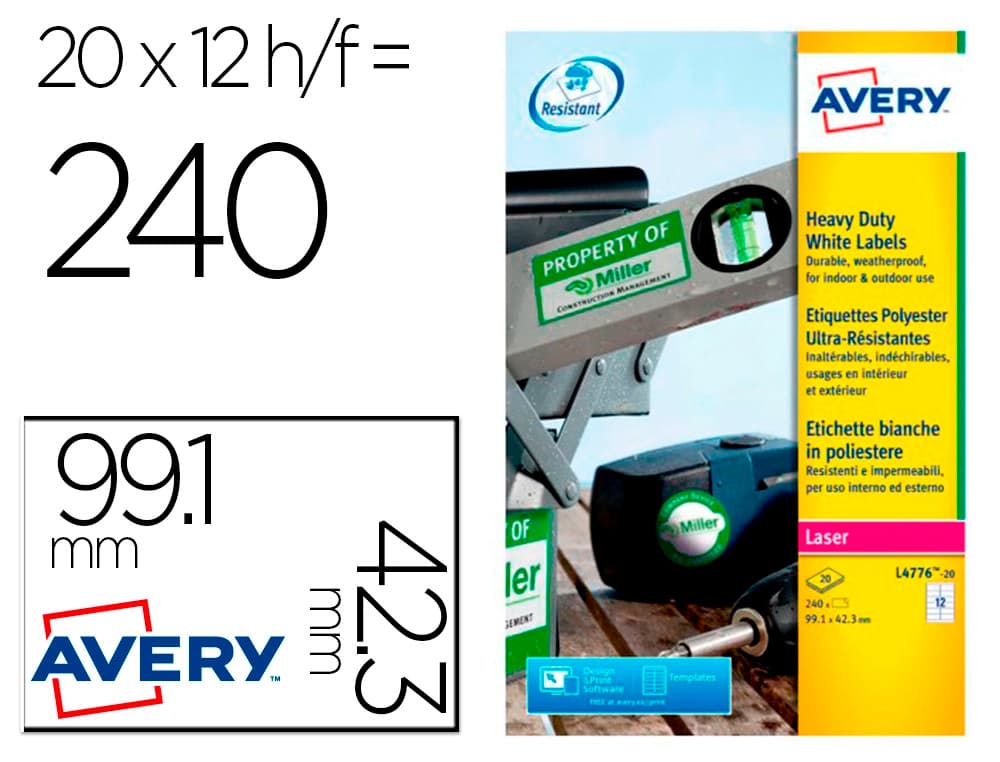 Avery Etiqueta adhesiva resistente avery poliester blanco laser 99,1x42,3 mm caja de 240 unidades