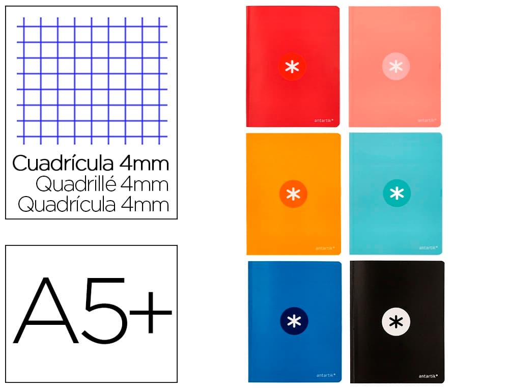 Antartik Libreta Antartik A5+ plus cosida 48 hojas 90gr cuadro 4mm con margen 6 colores surtidos