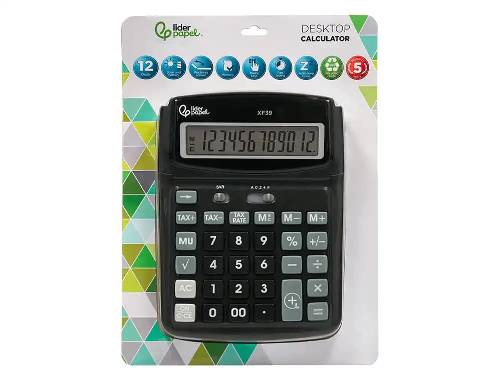 Calculadora liderpapel sobremesa xf39 12 digitos solar y pilas color negro 190x140x32 mm 40% reciclada