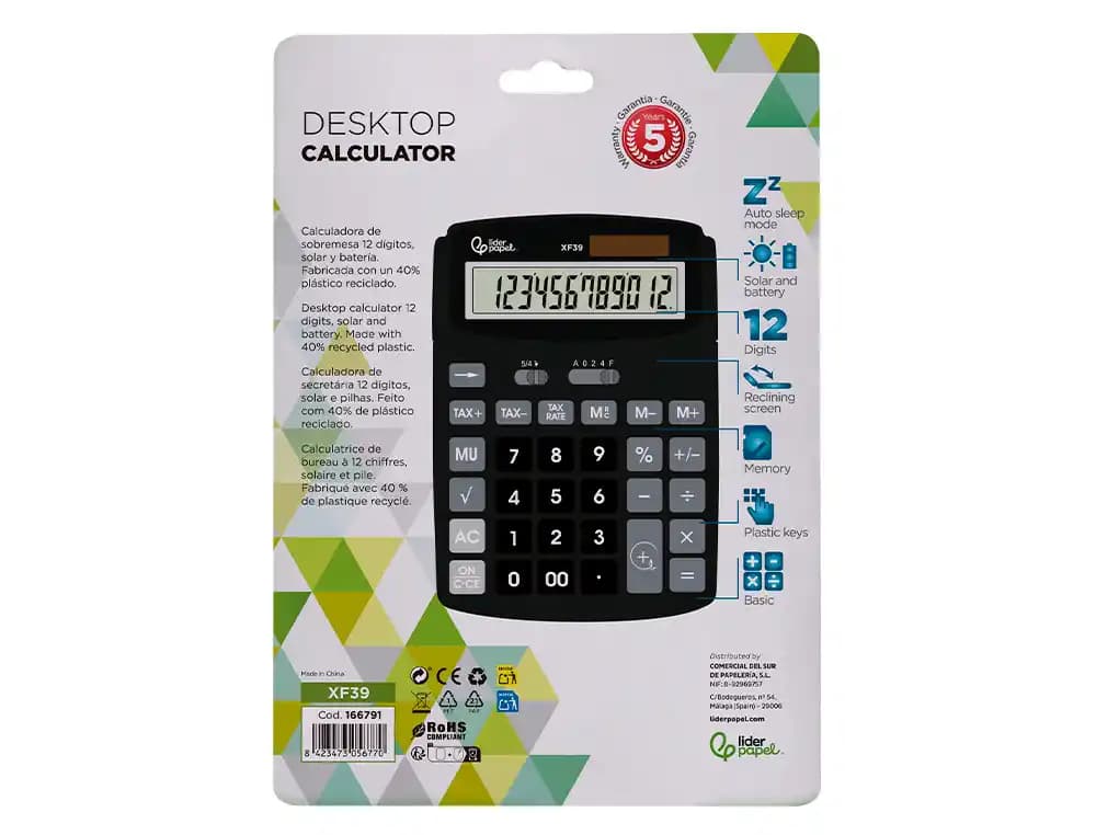 Calculadora liderpapel sobremesa xf39 12 digitos solar y pilas color negro 190x140x32 mm 40% reciclada