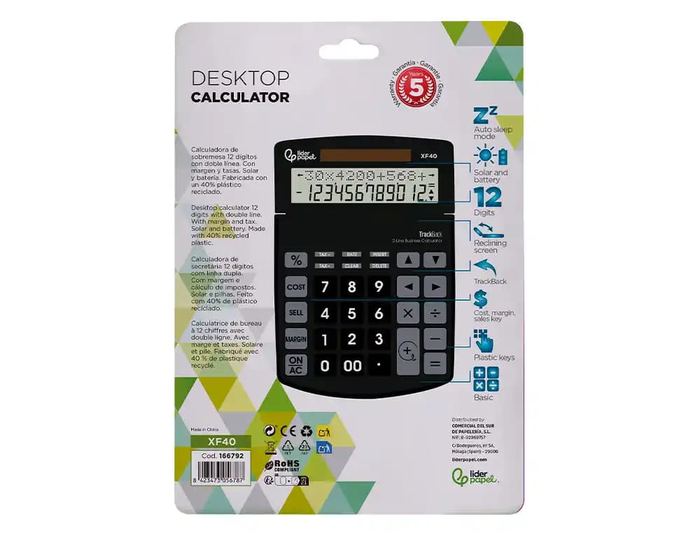 Calculadora liderpapel sobremesa xf40 12 digitos dos lineas solar y pilas negro 175x120x30 mm 40% reciclada