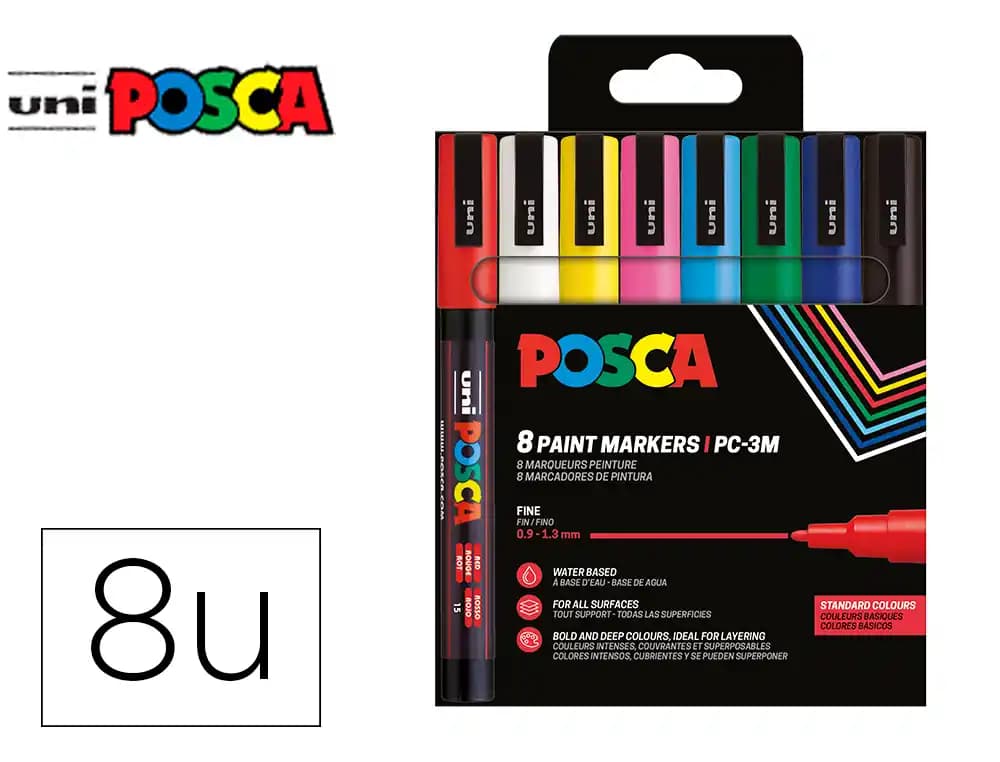 Posca Rotulador uni posca pc-3m/8c marcador de pintura punta conica 0,9-1,3 mm estuche de 8 unidades colores basicos