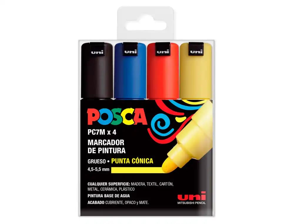 Posca Rotulador uni posca pc-7m/4c marcador de pintura punta conica 4,5-5,5 mm estuche de 4 unidades colores basicos