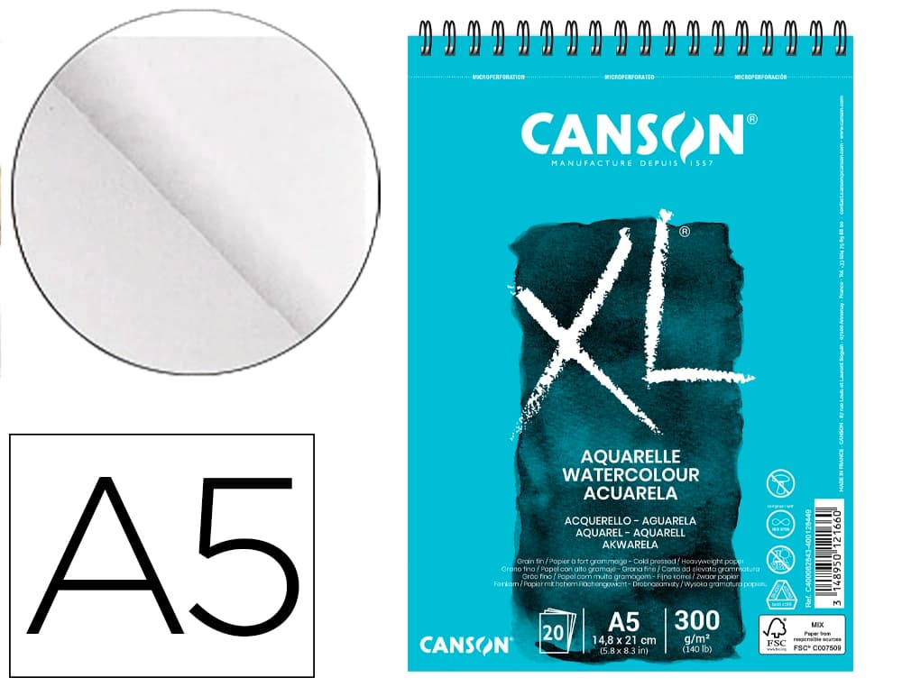Canson Bloc Canson XL Aquarelle A5 para acuarela, 20 hojas de 300 g/m²