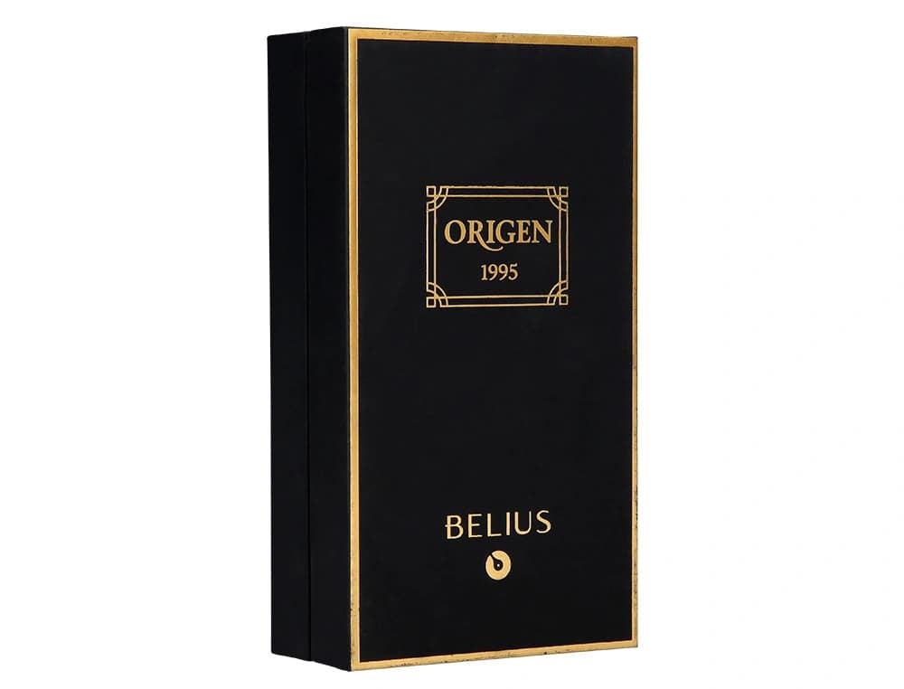 Pluma y frasco de tinta belius origen 1995 aluminio textura cepillada color negro tinta negra caja diseño