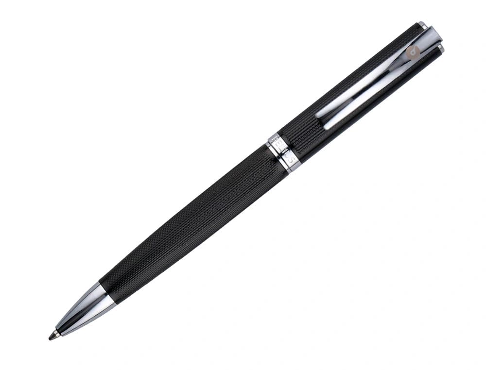 Boligrafo y estuche belius turbo aluminio textura punteada negro y plateado tinta azul caja de diseño