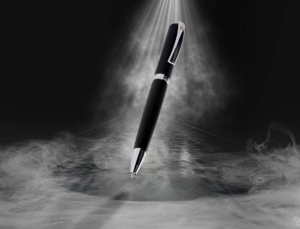 Boligrafo y estuche belius turbo aluminio textura punteada negro y plateado tinta azul caja de diseño
