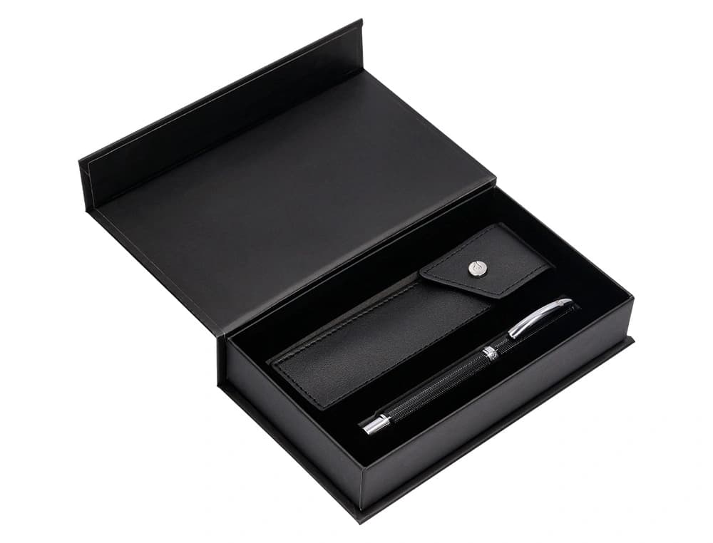 Boligrafo y estuche belius turbo aluminio textura punteada negro y plateado tinta azul caja de diseño