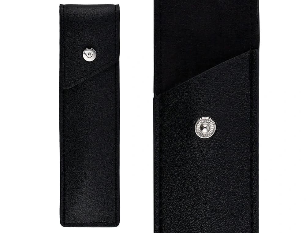 Boligrafo y estuche belius turbo aluminio textura punteada negro y plateado tinta azul caja de diseño