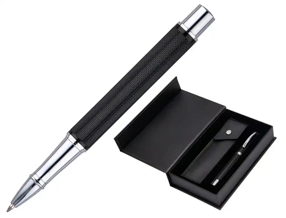 Belius Roller y estuche Belius turbo aluminio textura punteada negro plateado tinta azul caja de diseño