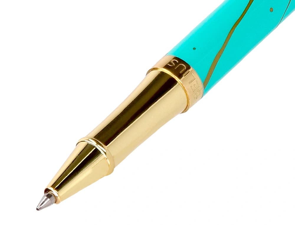 Roller belius aqua aluminio color turquesa y dorado tinta negra caja de diseño