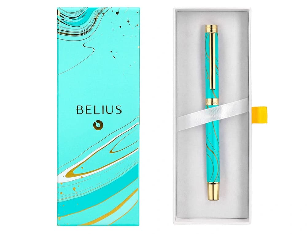 Roller belius aqua aluminio color turquesa y dorado tinta negra caja de diseño