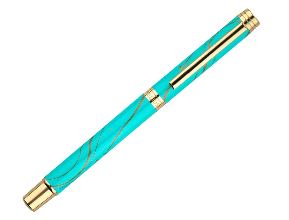 Roller belius aqua aluminio color turquesa y dorado tinta negra caja de diseño