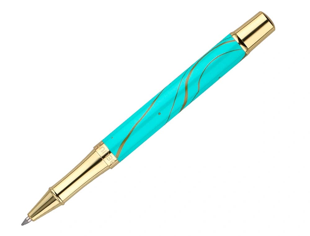Roller belius aqua aluminio color turquesa y dorado tinta negra caja de diseño
