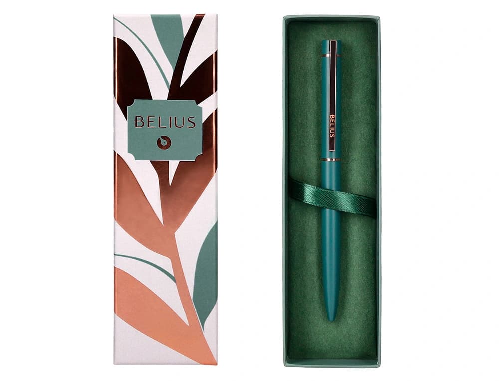 Bolígrafo Belius Rose de aluminio con detalles en oro rosa y tinta azul, en caja de diseño – Verde oliva