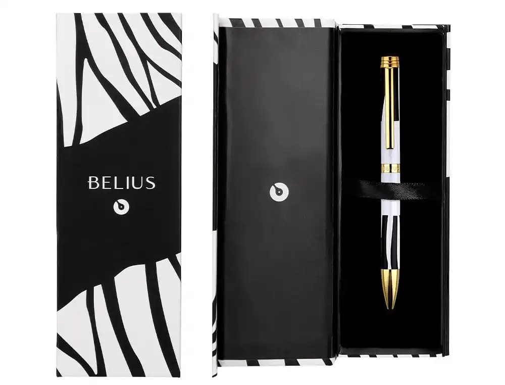 Bolígrafo Belius Dualità con tinta azul, en caja de diseño con cierre magnético – Negro-blanco