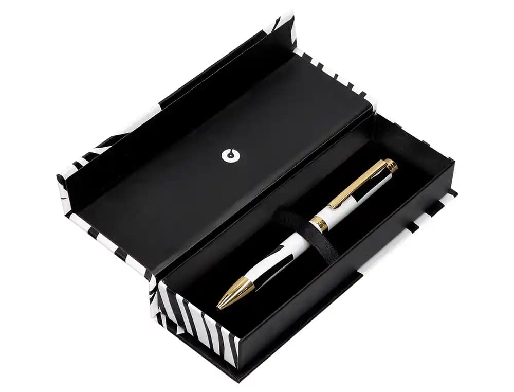 Bolígrafo Belius Dualità con tinta azul, en caja de diseño con cierre magnético – Negro-blanco