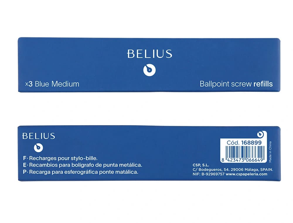 Recambio de bolígrafo Belius de punta media de 0,8 mm, caja de 3 unidades – Azul
