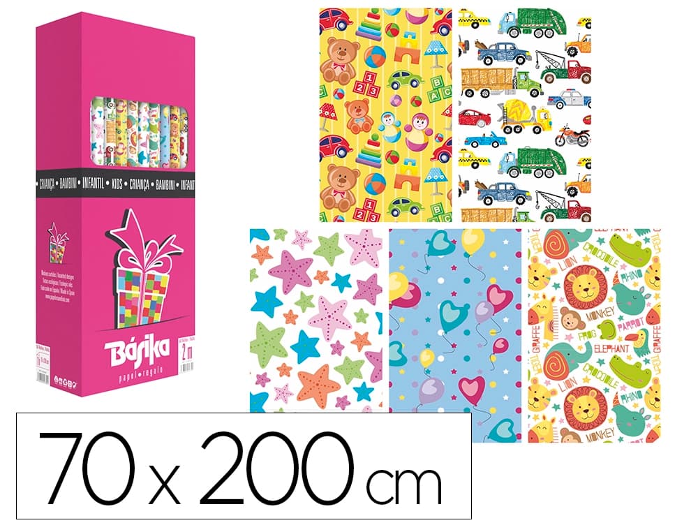 Basika Papel de regalo basika infantil rollo ancho 70 cm longitud 2 m diseños surtidos gramaje 60 g