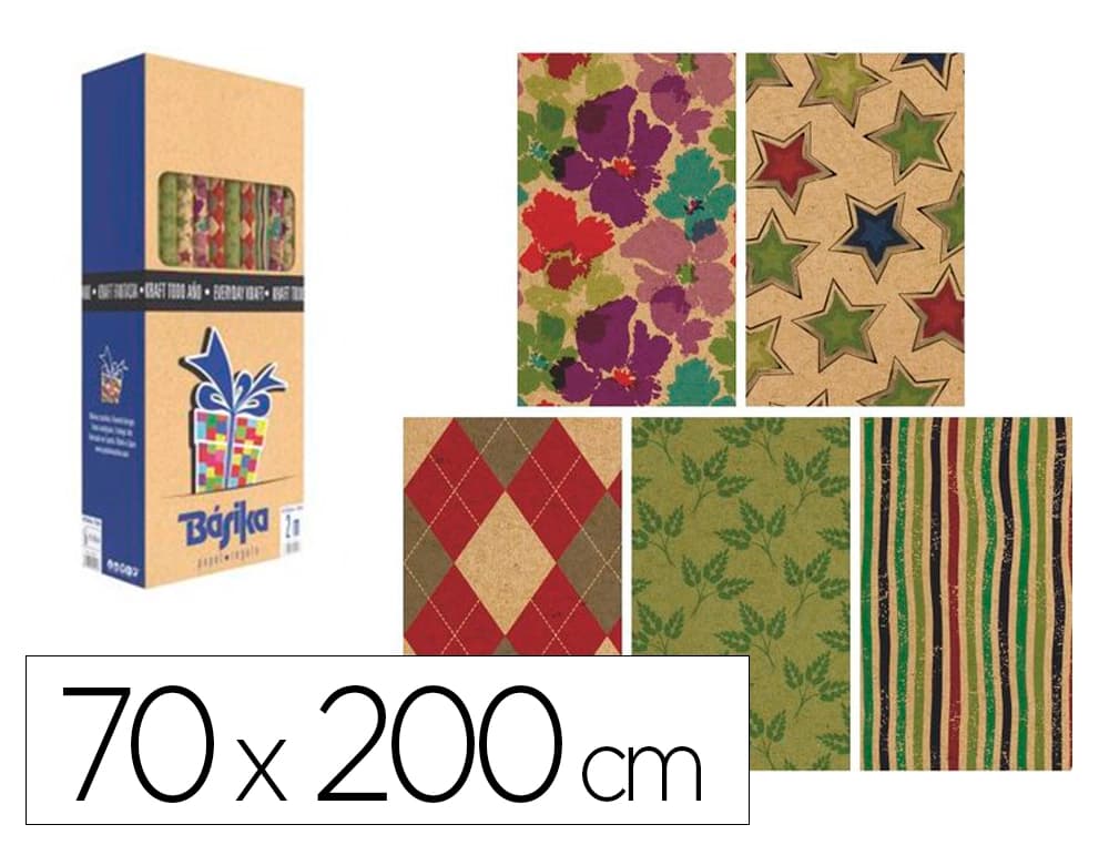Basika Papel de regalo basika kraft todo año rollo ancho 70 cm longitud 2 m diseños surtidos gramaje 50 g