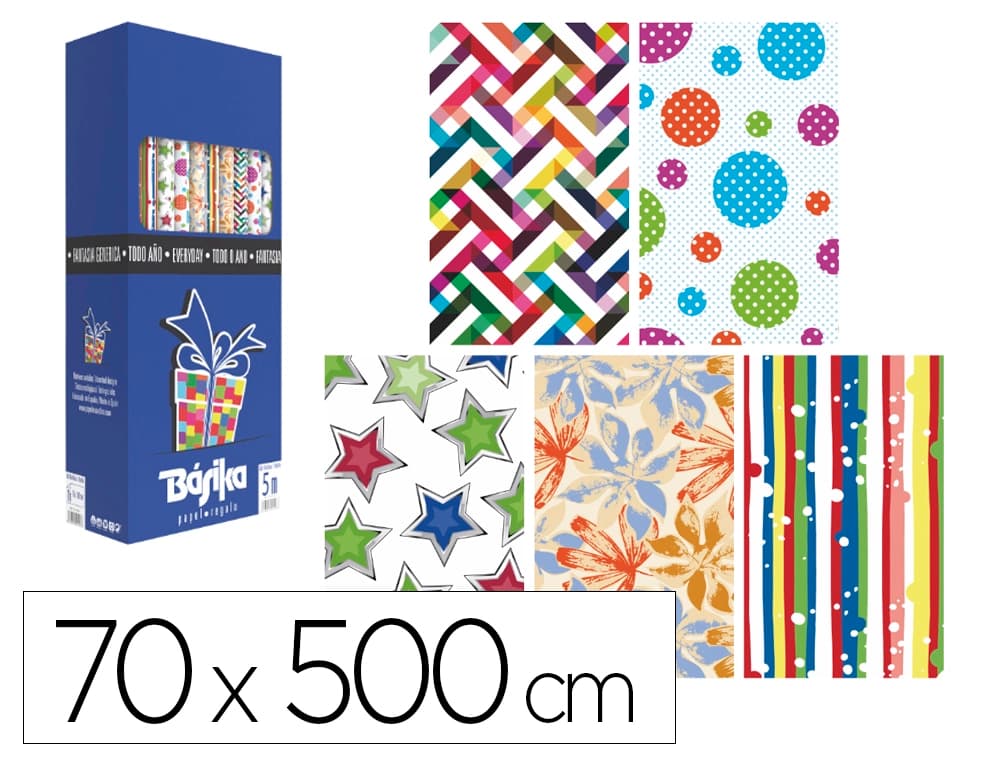 Basika Papel de regalo basika todo año rollo ancho 70 cm longitud 5 m modelos surtidos gramaje 50 g