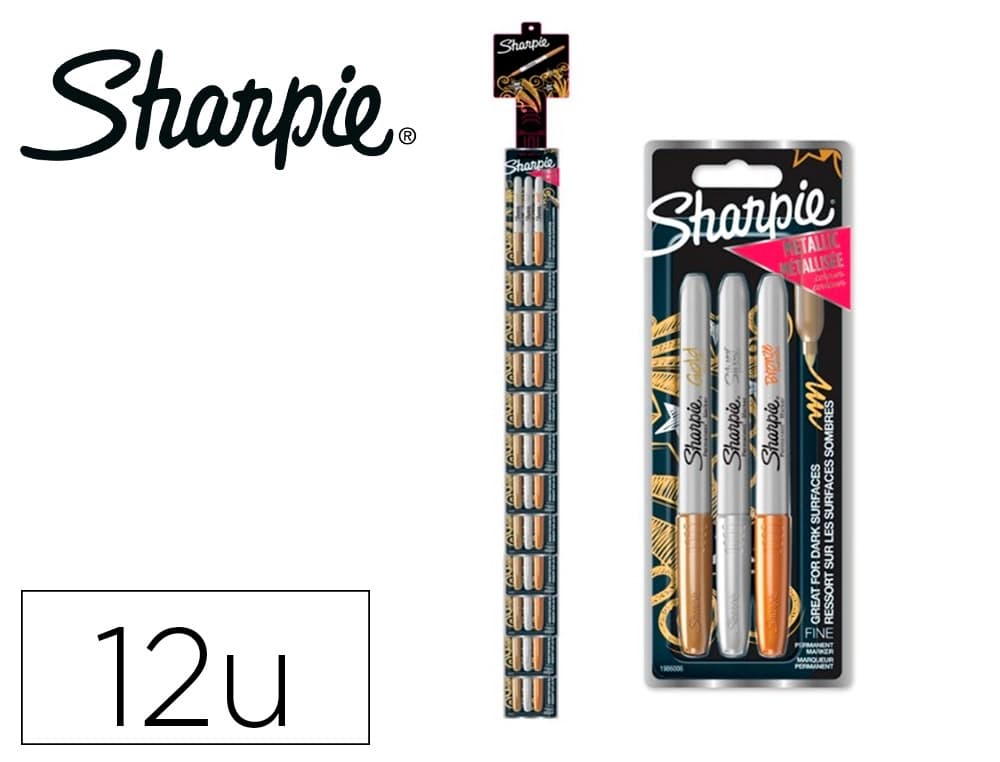Sharpie Rotulador sharpie permanente fino metalico blister de 3 unidades oro/plata/bronce clipstrip de 12 blister