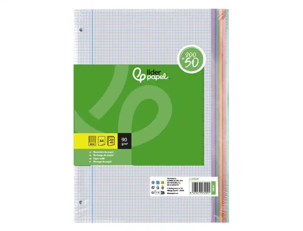 Recambio liderpapel a4 200+50 hojas 90gr cuadro 4mm con margen 4 taladros