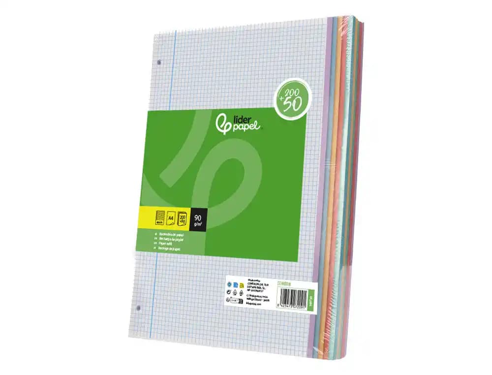 Recambio liderpapel a4 200+50 hojas 90gr cuadro 4mm con margen 4 taladros