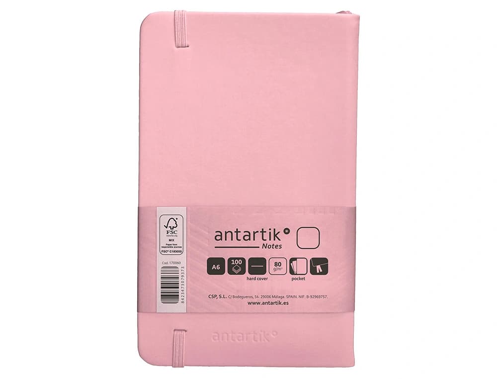 Cuaderno con gomilla Antartik Notes de tapa dura, liso, 100 hojas – Rosa pastel