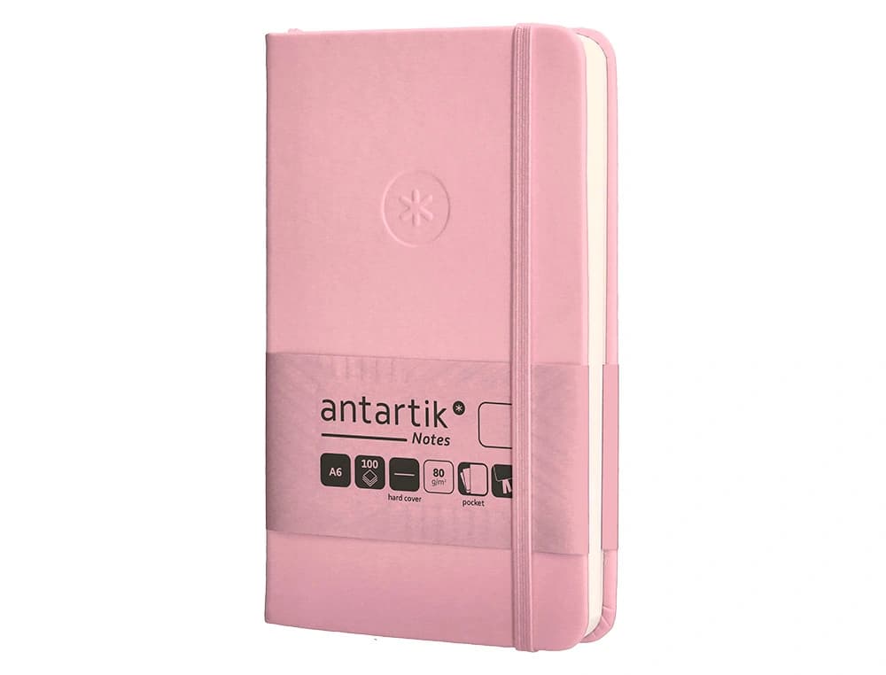 Cuaderno con gomilla Antartik Notes de tapa dura, liso, 100 hojas – Rosa pastel