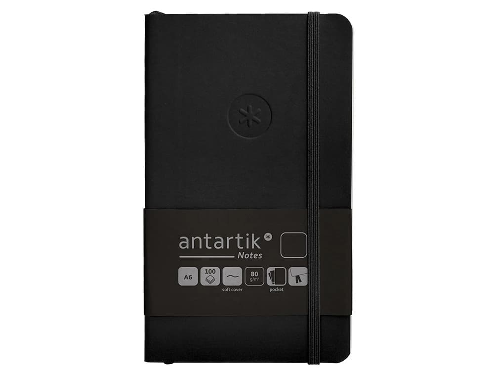 Cuaderno con gomilla Antartik Notes A6 de tapa blanda, liso, 100 hojas de 80 g – Negro