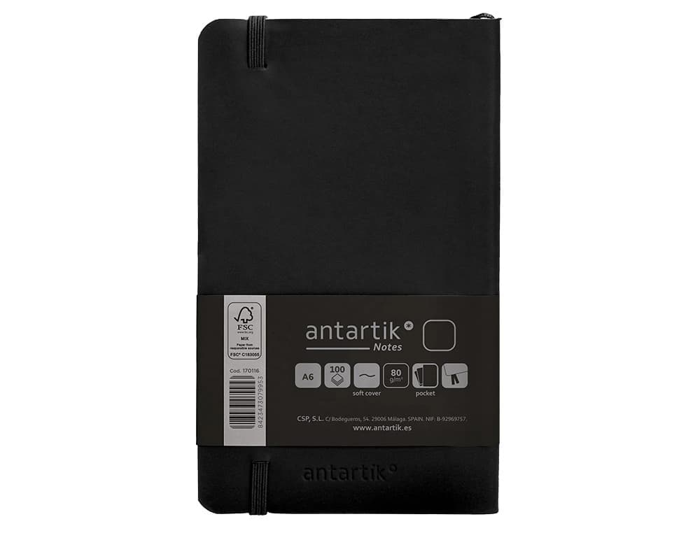 Cuaderno con gomilla Antartik Notes A6 de tapa blanda, liso, 100 hojas de 80 g – Negro