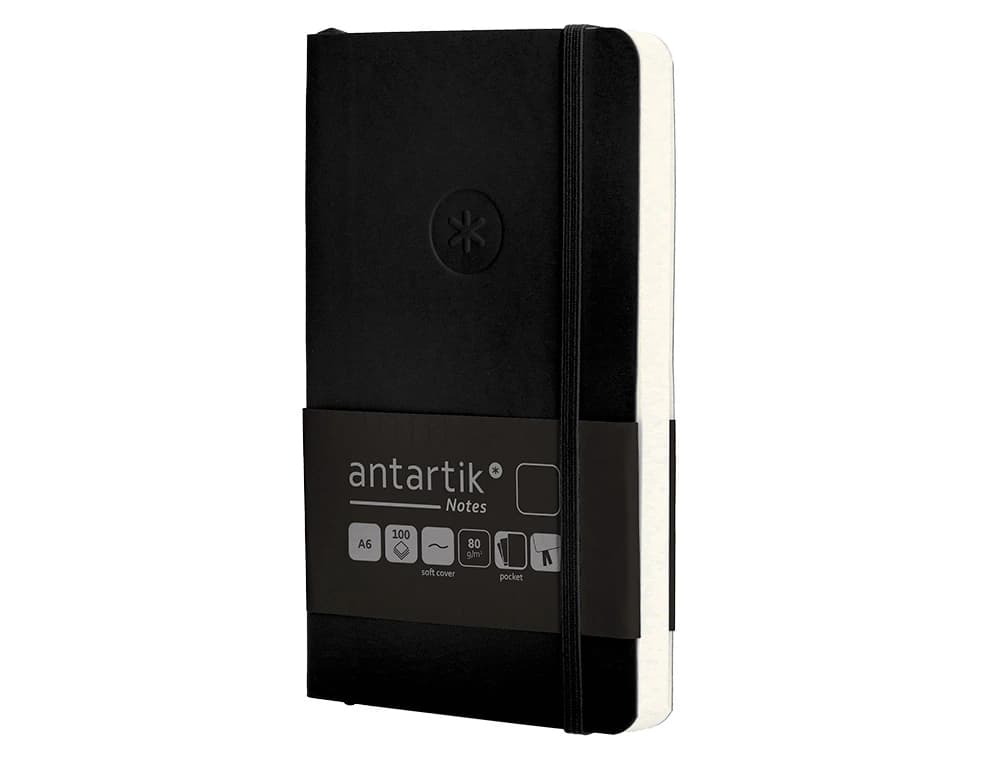 Cuaderno con gomilla Antartik Notes A6 de tapa blanda, liso, 100 hojas de 80 g – Negro