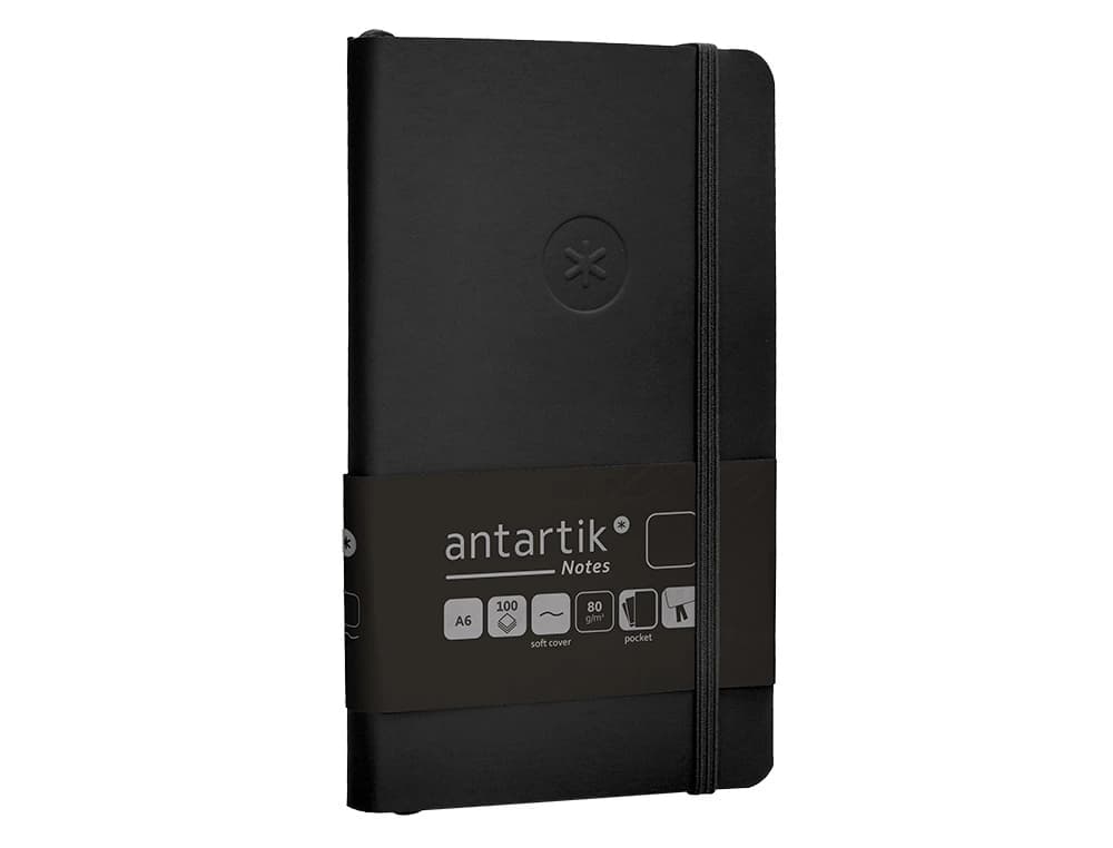 Cuaderno con gomilla Antartik Notes A6 de tapa blanda, liso, 100 hojas de 80 g – Negro