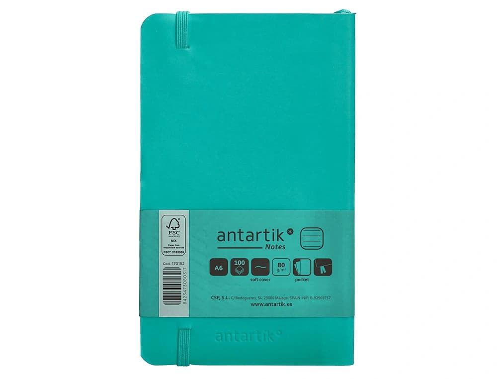 Cuaderno con gomilla Antartik Notes A6 de tapa blanda, rayas, 100 hojas de 80 g – Turquesa
