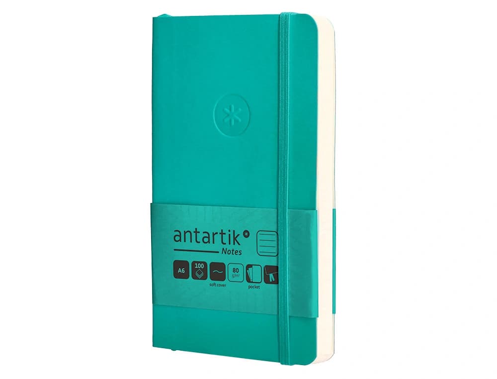 Cuaderno con gomilla Antartik Notes A6 de tapa blanda, rayas, 100 hojas de 80 g – Turquesa