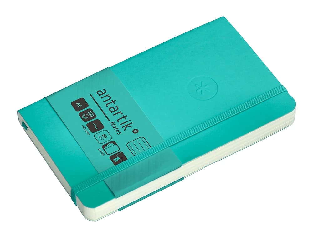 Cuaderno con gomilla Antartik Notes A6 de tapa blanda, rayas, 100 hojas de 80 g – Turquesa