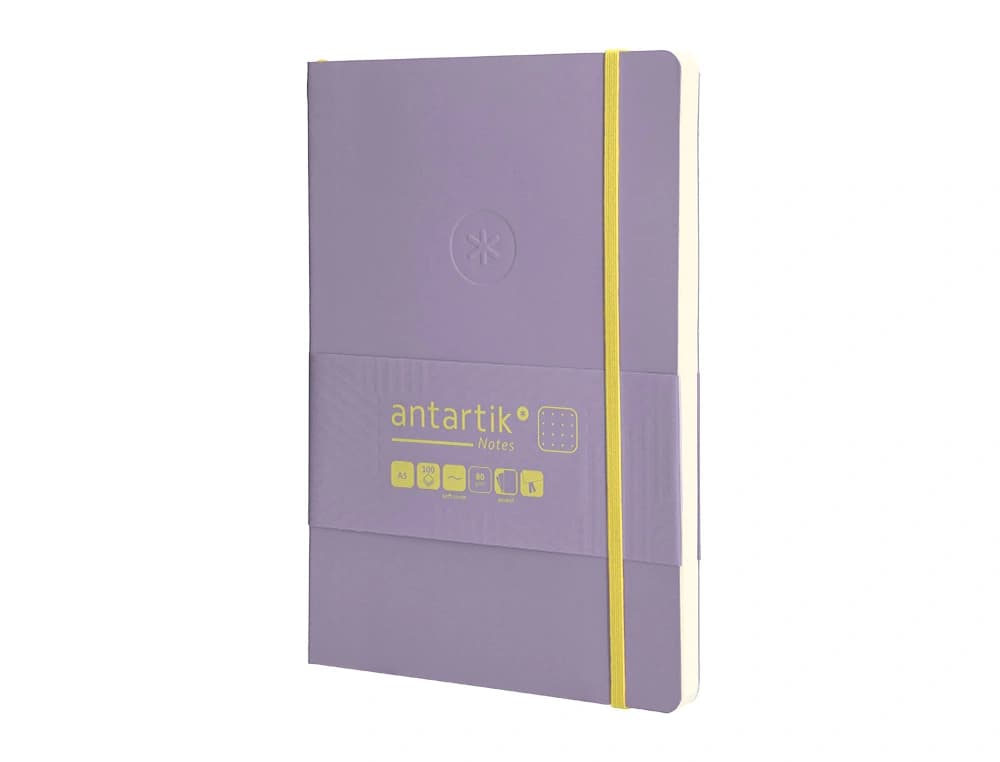 Cuaderno con gomilla Antartik Notes A5 de tapa blanda, puntos, 80 hojas de 80 g – Morado y amarillo