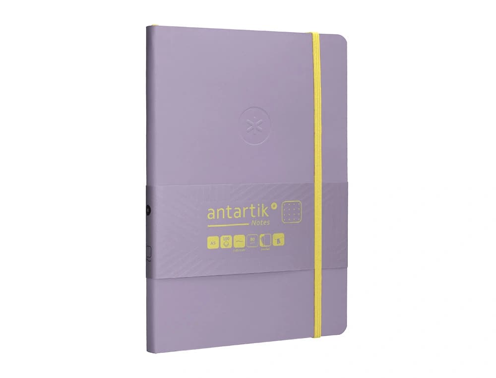 Cuaderno con gomilla Antartik Notes A5 de tapa blanda, puntos, 80 hojas de 80 g – Morado y amarillo