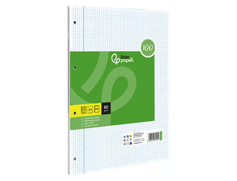 Recambio liderpapel a4 100 hojas papel reciclado 100% 80gr cuadro 4mm con margen 4 taladros